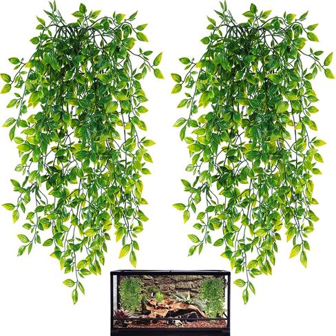 HERCOCCI Reptile Plants, 2 Pack Terrarium Hanging Plants Vines Artificial Leaves Habitat Decorations with Suction Cup for Bearded Dragon Hermit Crab Lizard Snake Geckos Chameleon in Kuwait