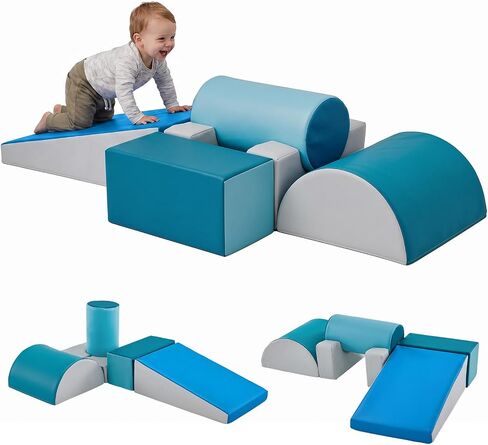 JungleDove Foam Climbing Blocks Set for Toddlers – 6-Piece Soft Play Gym with Ramp, Arch & Building Blocks, Wipe-Clean PU Leather Indoor Climbing Toys, Modern Blue-Grey Nursery Decor in Kuwait