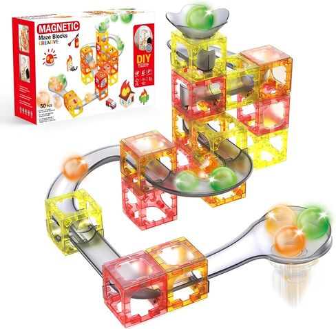 Hugeway 50Pcs Marble Run with Race Track Rolling Ball Set with Magnetic Brackets,Tiles and Marble Tracks,3-in-1 Building Blocks Kit,STEM Learning Toy Gift for Indoor Activity Boys Girls Aged 3+ Kids. in Kuwait