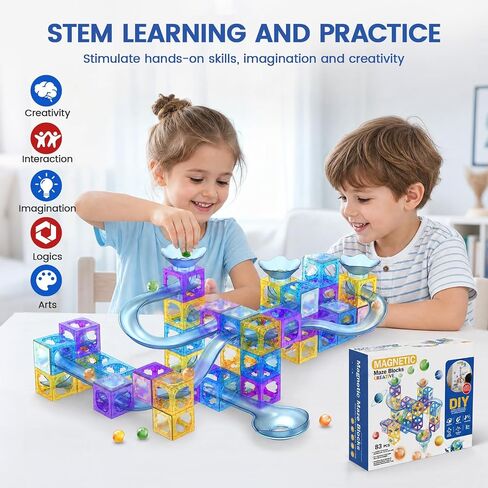Hugeway 50Pcs Marble Run with Race Track Rolling Ball Set with Magnetic Brackets,Tiles and Marble Tracks,3-in-1 Building Blocks Kit,STEM Learning Toy Gift for Indoor Activity Boys Girls Aged 3+ Kids. in Kuwait