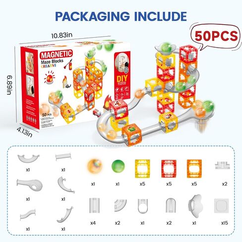 Hugeway 50Pcs Marble Run with Race Track Rolling Ball Set with Magnetic Brackets,Tiles and Marble Tracks,3-in-1 Building Blocks Kit,STEM Learning Toy Gift for Indoor Activity Boys Girls Aged 3+ Kids. in Kuwait