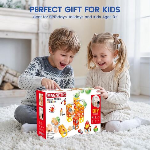 Hugeway 50Pcs Marble Run with Race Track Rolling Ball Set with Magnetic Brackets,Tiles and Marble Tracks,3-in-1 Building Blocks Kit,STEM Learning Toy Gift for Indoor Activity Boys Girls Aged 3+ Kids. in Kuwait