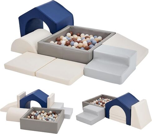 Soft Foam Climbing Blocks Set for Toddlers – 7-Piece Square Ball Pit & Play Structure with Light Wood Grain Leather, Indoor Soft Play Gym, Montessori Activity Toys for Kids(82.7"×26.8"×18.5") in Kuwait