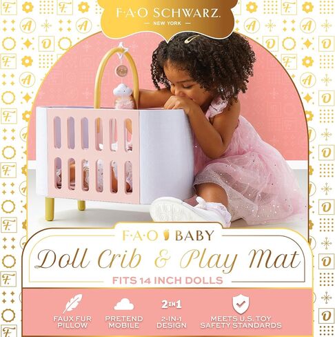 FAO Schwarz Baby Doll Crib & Play Mat with Mattress Pillow & Pretend Mobile in Kuwait