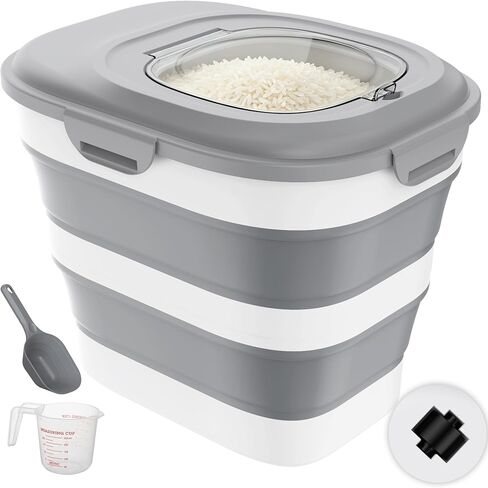 Rice Storage Container, 20 to 50Lbs Collapsible Airtight Rice Container, 30 Lbs Dog Food Storage Container with Wheels, Cup and Scoop, Food Dispenser Bin for Flour, Cereal, Flour, Cat, Bird, Pet in Saudi Arabia