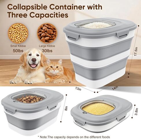 Rice Storage Container, 20 to 50Lbs Collapsible Airtight Rice Container, 30 Lbs Dog Food Storage Container with Wheels, Cup and Scoop, Food Dispenser Bin for Flour, Cereal, Flour, Cat, Bird, Pet in Saudi Arabia