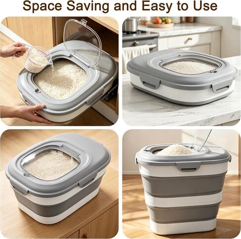 Rice Storage Container, 20 to 50Lbs Collapsible Airtight Rice Container, 30 Lbs Dog Food Storage Container with Wheels, Cup and Scoop, Food Dispenser Bin for Flour, Cereal, Flour, Cat, Bird, Pet in Saudi Arabia