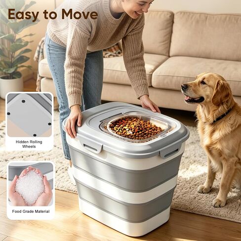Rice Storage Container, 20 to 50Lbs Collapsible Airtight Rice Container, 30 Lbs Dog Food Storage Container with Wheels, Cup and Scoop, Food Dispenser Bin for Flour, Cereal, Flour, Cat, Bird, Pet in Saudi Arabia