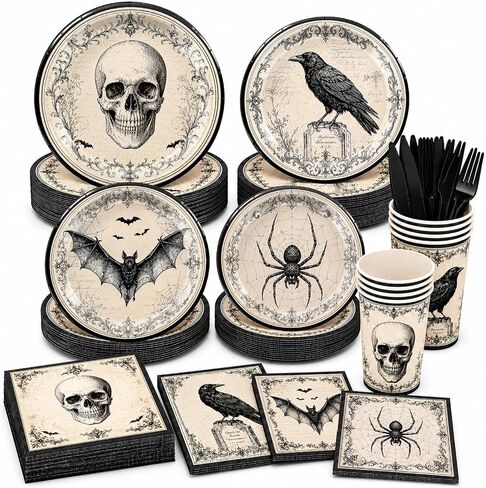 Halloween Party Supplies, Vintage Gothic Halloween Plates and Napkins with Cups, Knives and Forks, Skull Raven Bat Spider Halloween Party Plates for Halloween Birthday Party Decorations, Serves 24 in Kuwait