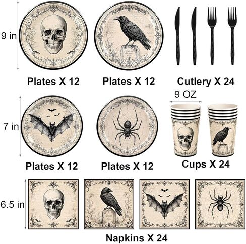 Halloween Party Supplies, Vintage Gothic Halloween Plates and Napkins with Cups, Knives and Forks, Skull Raven Bat Spider Halloween Party Plates for Halloween Birthday Party Decorations, Serves 24 in Kuwait