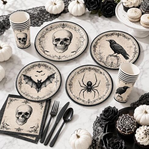 Halloween Party Supplies, Vintage Gothic Halloween Plates and Napkins with Cups, Knives and Forks, Skull Raven Bat Spider Halloween Party Plates for Halloween Birthday Party Decorations, Serves 24 in Kuwait