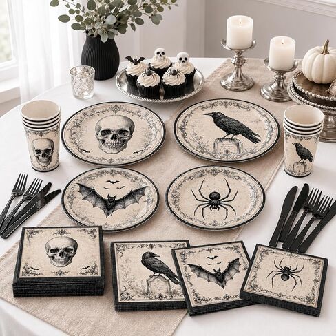 Halloween Party Supplies, Vintage Gothic Halloween Plates and Napkins with Cups, Knives and Forks, Skull Raven Bat Spider Halloween Party Plates for Halloween Birthday Party Decorations, Serves 24 in Kuwait