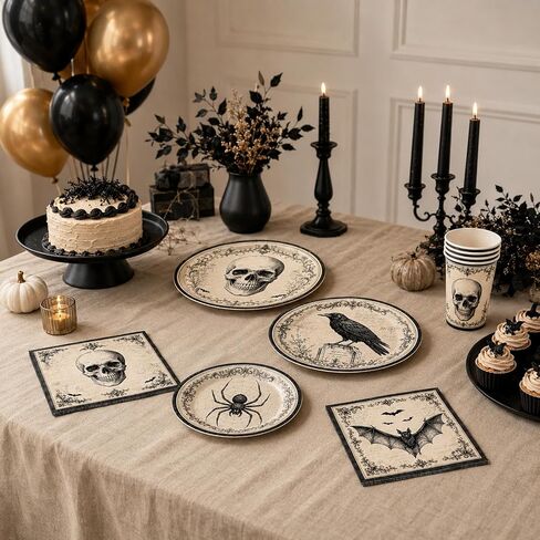 Halloween Party Supplies, Vintage Gothic Halloween Plates and Napkins with Cups, Knives and Forks, Skull Raven Bat Spider Halloween Party Plates for Halloween Birthday Party Decorations, Serves 24 in Kuwait