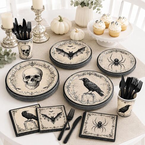 Halloween Party Supplies, Vintage Gothic Halloween Plates and Napkins with Cups, Knives and Forks, Skull Raven Bat Spider Halloween Party Plates for Halloween Birthday Party Decorations, Serves 24 in Kuwait