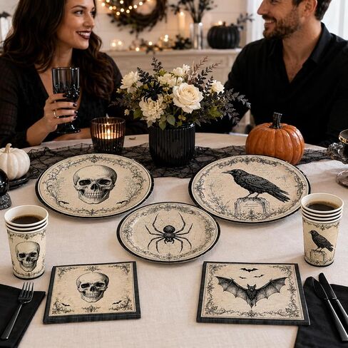 Halloween Party Supplies, Vintage Gothic Halloween Plates and Napkins with Cups, Knives and Forks, Skull Raven Bat Spider Halloween Party Plates for Halloween Birthday Party Decorations, Serves 24 in Kuwait