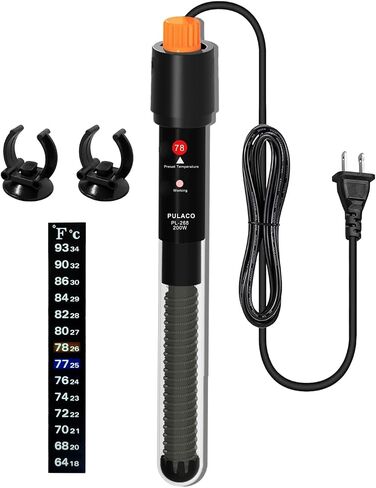 PULACO 200Watt Aquarium Heater for 25-50 Gallon Fish Tank, Adjustable Submersible Heater Thermostat with Thermometer Strip and Suction Cup in Kuwait