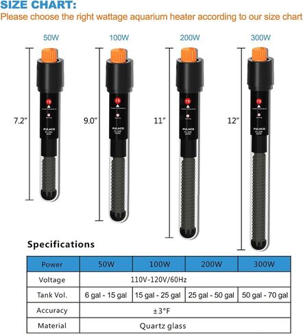 PULACO 200Watt Aquarium Heater for 25-50 Gallon Fish Tank, Adjustable Submersible Heater Thermostat with Thermometer Strip and Suction Cup in Kuwait