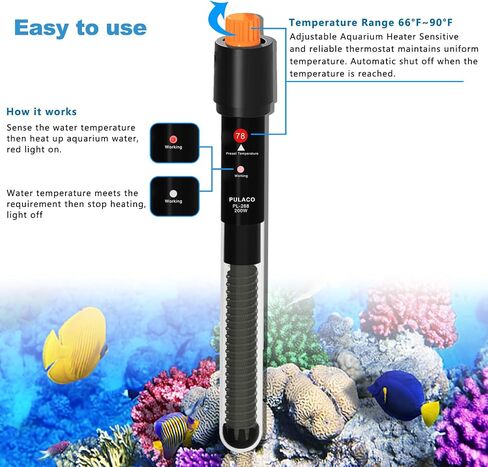 PULACO 200Watt Aquarium Heater for 25-50 Gallon Fish Tank, Adjustable Submersible Heater Thermostat with Thermometer Strip and Suction Cup in Kuwait