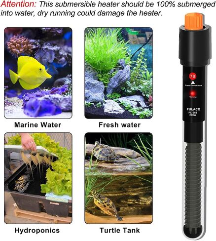 PULACO 200Watt Aquarium Heater for 25-50 Gallon Fish Tank, Adjustable Submersible Heater Thermostat with Thermometer Strip and Suction Cup in Kuwait