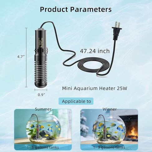 HiTauing Small Aquarium Heater 25W, Constant Temperature 78℉ Fish Tank Heater with Digital Thermometer, Submersible Betta/Turtle Tank Heater for Freshwater and Saltwater Tanks in Saudi Arabia