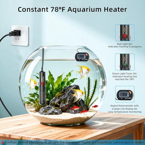 HiTauing Small Aquarium Heater 25W, Constant Temperature 78℉ Fish Tank Heater with Digital Thermometer, Submersible Betta/Turtle Tank Heater for Freshwater and Saltwater Tanks in Saudi Arabia