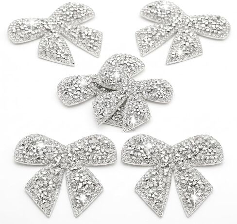 6 Pack Silver Rhinestone Bow Patches, Sparkly Bow Appliques with Hot Melt Adhesive Backing, Decorative Iron On Style Embellishments for Jackets, Hats, Bags, Jeans and Shoes in Saudi Arabia