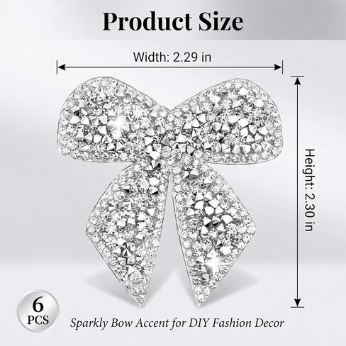 6 Pack Silver Rhinestone Bow Patches, Sparkly Bow Appliques with Hot Melt Adhesive Backing, Decorative Iron On Style Embellishments for Jackets, Hats, Bags, Jeans and Shoes in Saudi Arabia