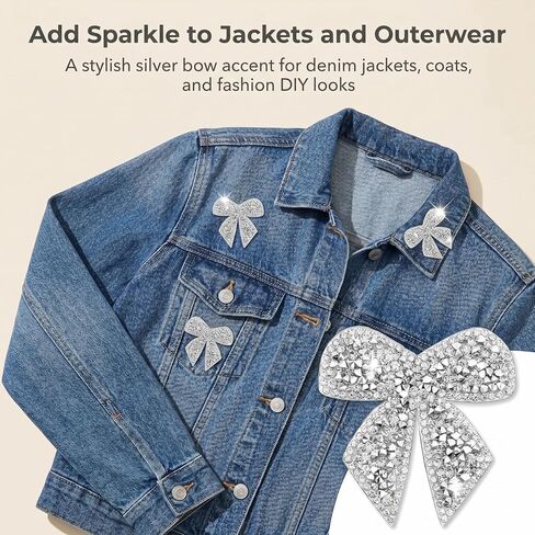 6 Pack Silver Rhinestone Bow Patches, Sparkly Bow Appliques with Hot Melt Adhesive Backing, Decorative Iron On Style Embellishments for Jackets, Hats, Bags, Jeans and Shoes in Saudi Arabia