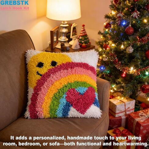 GREBSTK Latch Hook Kit DIY Throw Pillow Cover 16x16 Sun & Rainbow Pattern in Saudi Arabia