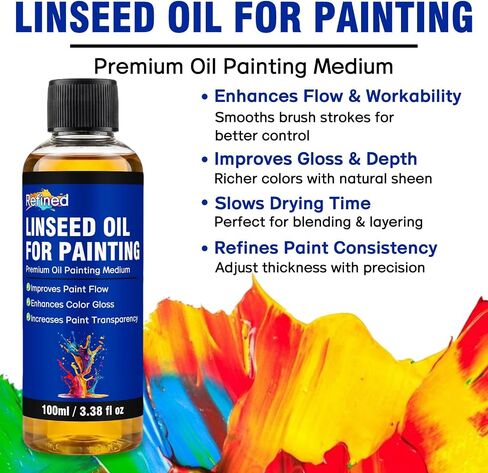 Linseed Oil for Painting 100ml, Refined Linseed Oil, Oil Paint Medium and Thinner for Artists, Improves Flow and Blending, Ideal for Glazing, Enhances Transparency and Gloss Finish in Kuwait