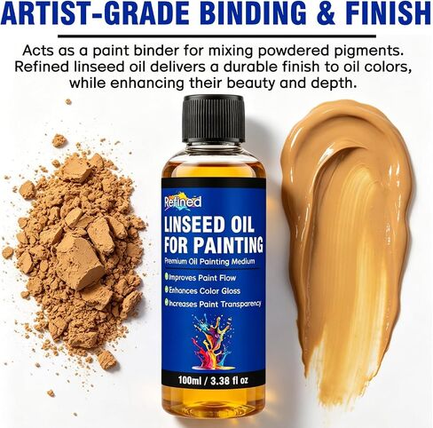 Linseed Oil for Painting 100ml, Refined Linseed Oil, Oil Paint Medium and Thinner for Artists, Improves Flow and Blending, Ideal for Glazing, Enhances Transparency and Gloss Finish in Kuwait