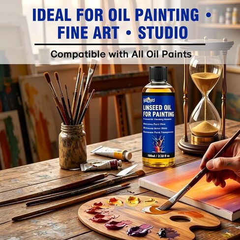 Linseed Oil for Painting 100ml, Refined Linseed Oil, Oil Paint Medium and Thinner for Artists, Improves Flow and Blending, Ideal for Glazing, Enhances Transparency and Gloss Finish in Kuwait