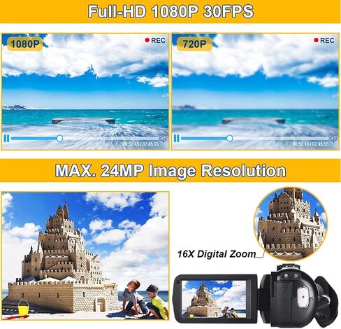 كاميرا فيديو عالية الدقة 1080P 30FPS 24.0 ميجابيكسل IR رؤية ليلية تسجيل فيديو تسجيل كاميرا فيديو 3.0 بوصة IPS شاشة 16X زووم كاميرا تحكم عن بعد مع بطاريتين in Kuwait