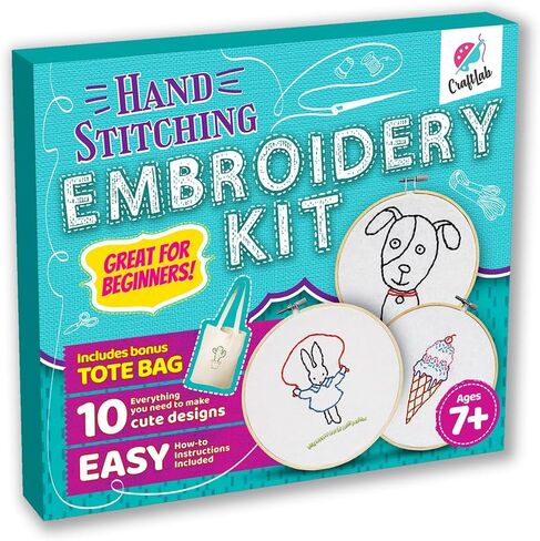 CraftLab Embroidery Kit for Kids - Beginner Sewing Kit with 10 Projects, Hoops, Thread, Patterns in Kuwait