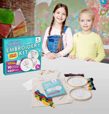 CraftLab Embroidery Kit for Kids - Beginner Sewing Kit with 10 Projects, Hoops, Thread, Patterns in Kuwait