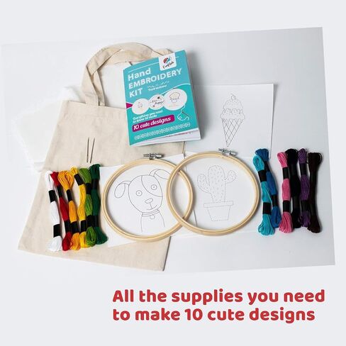 CraftLab Embroidery Kit for Kids - Beginner Sewing Kit with 10 Projects, Hoops, Thread, Patterns in Kuwait
