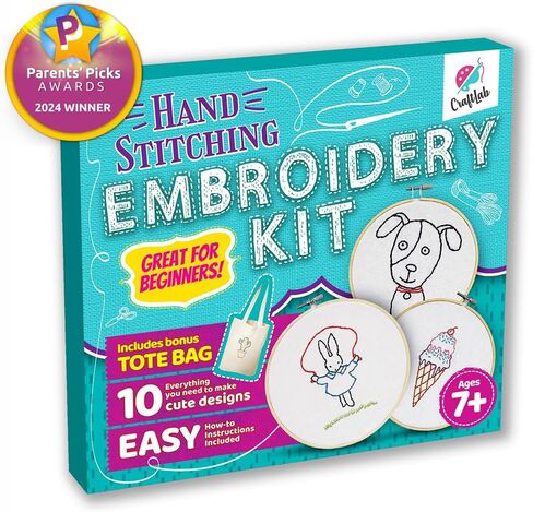 CraftLab Embroidery Kit for Kids - Beginner Sewing Kit with 10 Projects, Hoops, Thread, Patterns in Kuwait