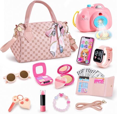 Play Purse for Little Girls, 32 Pcs Pretend Purse Set with Handbag, Animal Projector Camera, Toy Phone, Watch, Wallet & Make-up Accessories, Princess Toy, Birthday for Girl 3 4 6 Year in Kuwait