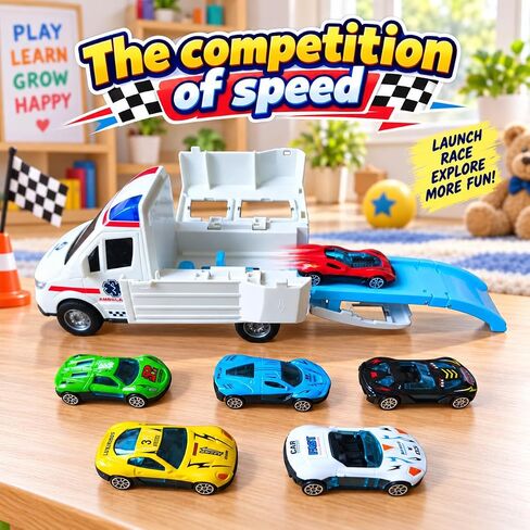 Transforming Ambulance Toy Car for Kids, Launch Track Racing Set with6 Cars in Kuwait