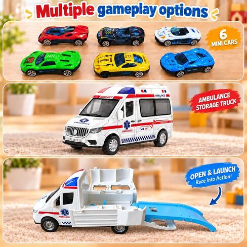 Transforming Ambulance Toy Car for Kids, Launch Track Racing Set with6 Cars in Kuwait