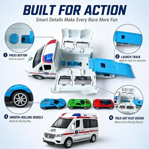 Transforming Ambulance Toy Car for Kids, Launch Track Racing Set with6 Cars in Kuwait
