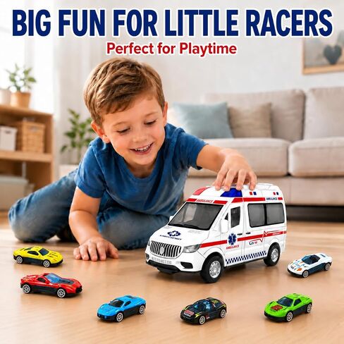 Transforming Ambulance Toy Car for Kids, Launch Track Racing Set with6 Cars in Kuwait