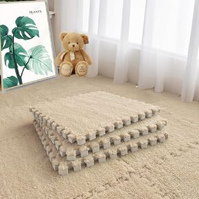 16pcs 0.6" Thickened Interlocking Tile Mats,Fluffy Shaggy Soft EVA Foam Area Rug for Living Room & Bedroom,Non-Slip Protective Floor Carpet Play Mat Kids Baby Dorm Home Decor (11.8ft, Khaki) in Kuwait