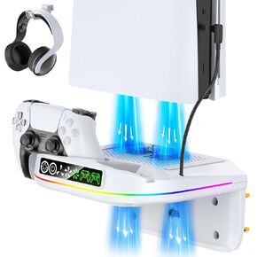 PS5 Wall Mount Kit with 3-level Cooling Fan and Dual Charging Station, PS5 Shelf Mount Compatible with Playstation 5 Disc & Digital, PS5 Cooling Station for PS5 Accessories with Headset Holder in Kuwait