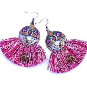 Lightweight Artisan Handmade Pink Fan Tassel Elephant Dangle Earrings Painted Accents Indian Boho Jewelry for Women Teen Girls in Kuwait
