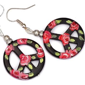 Lightweight Sterling Silver Peace Sign Hippie Boho Dangle Earrings with Artist Hand Painted Red Roses Bohemian Jewelry for Women Teen Girls in Kuwait
