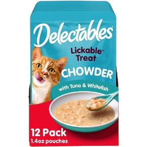 Delectables Lickable Treat Chowder Wet Cat Treat with Real Tuna & Chicken, Food Topper, Hydrating, Grain-Free, No Fillers, By-Products, Added Preservatives, 1.4oz Pouch, 12ct in Kuwait