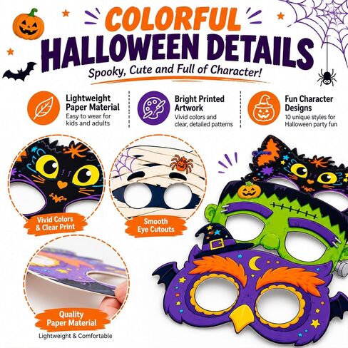 Halloween Masks for 10 Pack, Assorted Costume Eye Masks with Cat, Pumpkin, Halloween Masks, Halloween Party Favors, Classroom Prizes and Dress Up Accessories in Kuwait