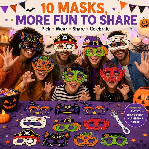 Halloween Masks for 10 Pack, Assorted Costume Eye Masks with Cat, Pumpkin, Halloween Masks, Halloween Party Favors, Classroom Prizes and Dress Up Accessories in Kuwait