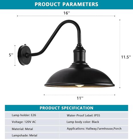 11 Inch Outdoor Barn Gooseneck Lights from Dusk to Dawn, Waterproof and Rust Resistant Classic Farmhouse Barn Lights, Gooseneck Lights for Garage, Patio and Porch in Saudi Arabia